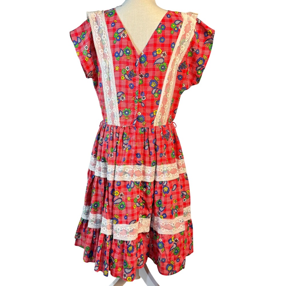 Vintage Bettina of Miami Red Square Dance Tiered Fit Flare Dress 60s 70s